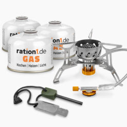 ration1 Gaskocher für Notfall, Outdoor, Trekking, Camping, inkl. 3x Gaskartusche 230 g und Zündstahl