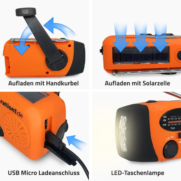 ration1 Kurbel-Radio mit LED-Taschenlampe und Solar-Zelle