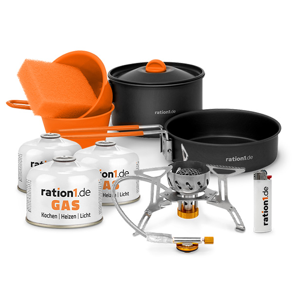 ration1 Kochset inkl. 3x Gaskartusche 230 g und Feuerzeug