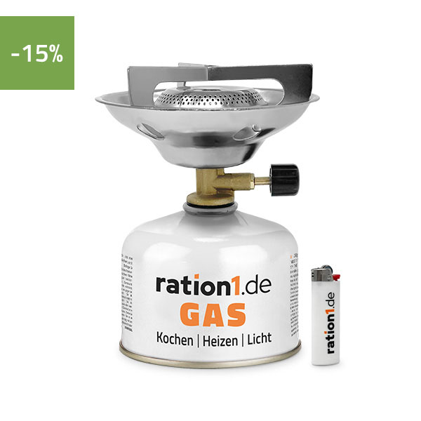 Gaskocher Kompakt mit Gaskartusche 230g und ration1 Feuerzeug