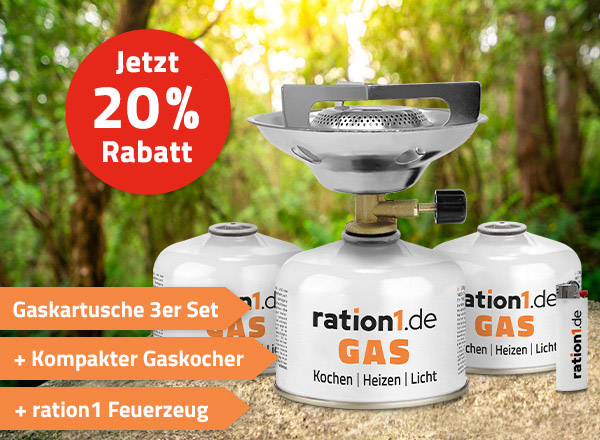Gaskocher Kompakt mit 3 Gaskartuschen 230g und ration1 Feuerzeug - gehört in jeden Rucksack