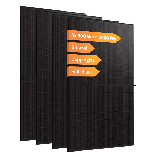 Balkonkraftwerk Full-Black, 2000Wp, bifazial, 4 Solarmodule und Wechselrichter